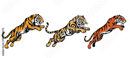 Set of Three Jumping Tiger Illustrations in Tribal and Realistic Art Styles Isolated on White Background