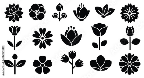 A collection of various black and white floral illustrations featuring different types of flowers