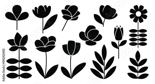 A collection of various black and white floral illustrations featuring roses and leaves