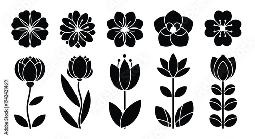 A collection of various black and white floral patterns and designs arranged in a row