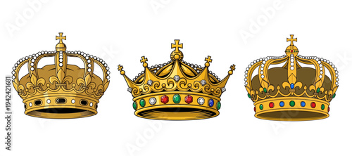 Vector Illustration Set of Golden Royal Crowns with Jewels and Diamonds Isolated on White Background