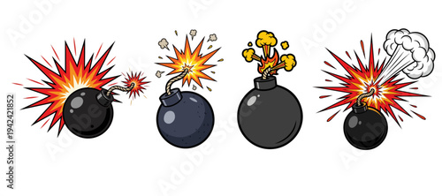 Vector Illustration Set of Round Black Bombs Exploding with Sparks and Smoke on White Background