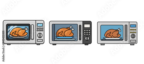 Vector Illustration Set of Roast Chicken Cooking Inside Microwave Oven on White Background