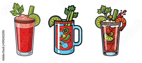 Vector Illustration Set of Bloody Mary Cocktails with Celery, Lime, and Shrimp Garnish on White Background
