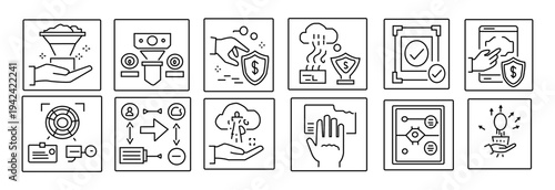 Comprehensive collection of modern business technology concepts illustrating secure data management, financial growth, and innovation workflow solutions