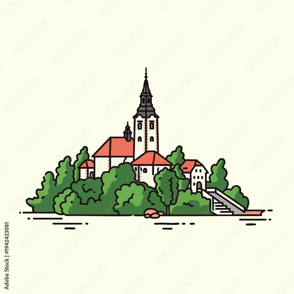 Naklejka premium A stylized illustration presents a church with a tall steeple, buildings with red roofs, surrounded by dense foliage and accessed by a staircase