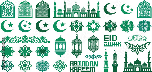 Collection of Islamic symbols and elements for Ramadan and Eid celebrations in green tone illustrations