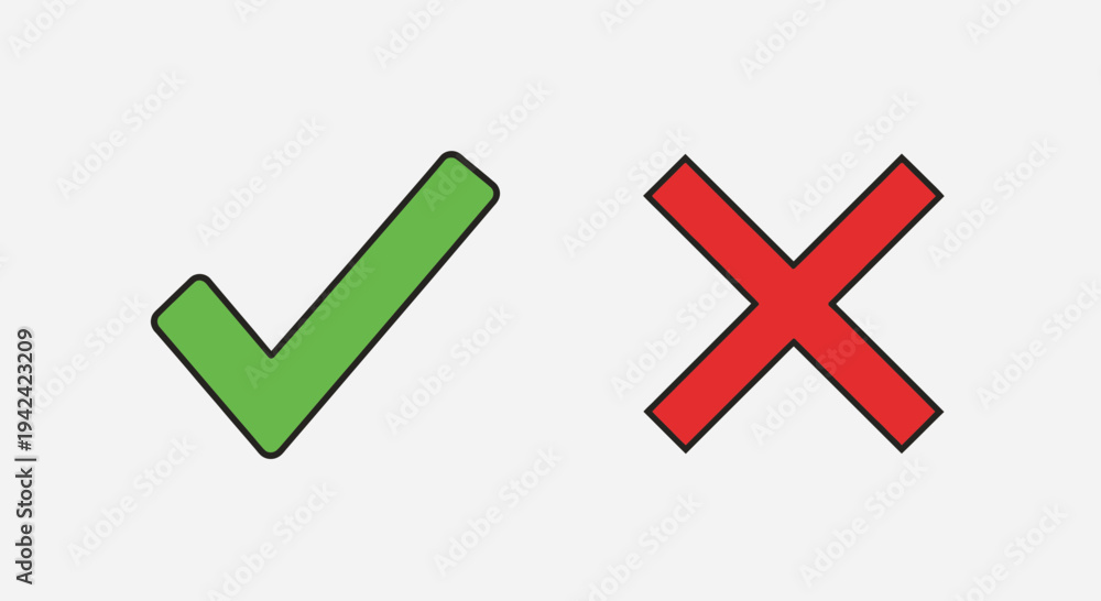 Obraz premium Green check mark and red x symbols on white background for choices