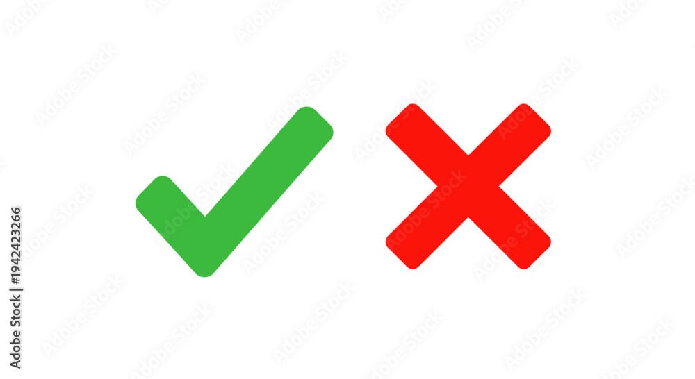 Obraz premium Green check mark and red x symbols on white background for choices