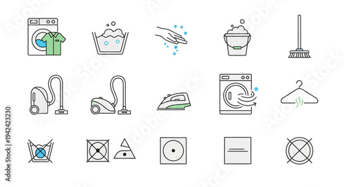 Laundry symbols collection with washing machine icons on transparent background silhouette