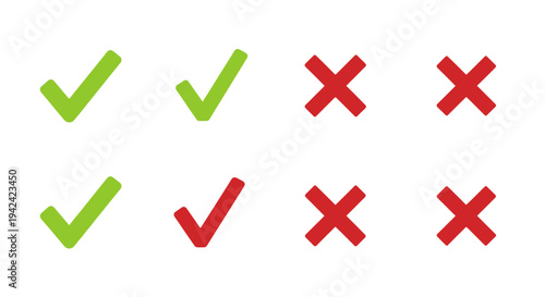 Green check marks and red cross marks on white background illustration