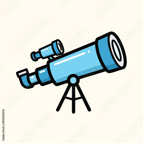 A cartoon illustration of a blue telescope with a secondary smaller scope, supported by a black tripod. The image is on a cream background