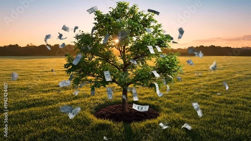 A tree grows in a field with paper money flying around it at sunset.