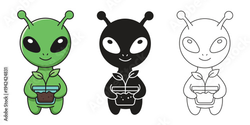 Cute Alien Holding Plant Pot Vector in Colorful Silhouette and Outline Style for Earth Day Design