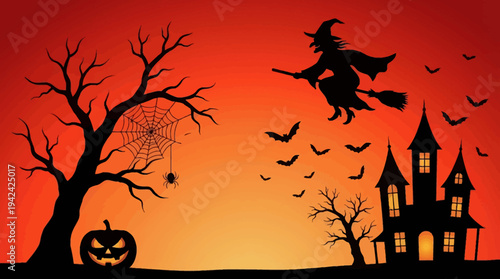 Spooky Halloween Illustration with Silhouette of Flying Witch, Haunted House, Bats, and Carved Pumpkin on Orange Sunset Background