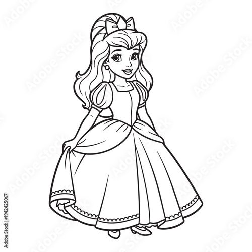 A cartoon princess in a beautiful dress with a bow in her hair