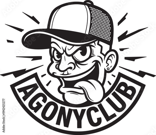 Agonyclub logo featuring a man with a menacing expression wearing a baseball cap