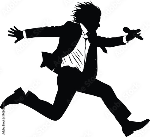 Dynamic silhouette of a male singer in a suit jumping and running with a microphone during a high energy performance