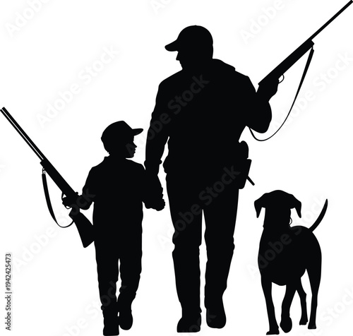 Family hunting silhouettes, adult and child walking with rifles, dog companion, outdoor recreation, tradition, lifestyle, bonding illustration