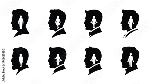 Diverse group of people icons in silhouette representing different genders and relationships for social and community concepts