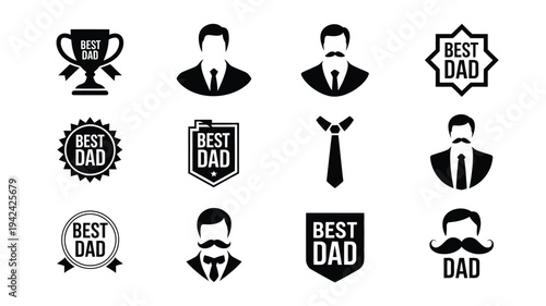 Black and white 'best dad' icons and silhouettes for father's day featuring trophies badges and mustachioed men in suits and ties on a plain background