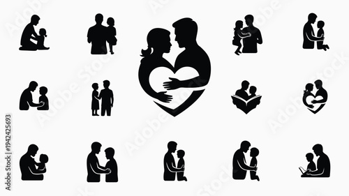 Black silhouettes of parents and children family love icons parenthood symbols heart shapes affectionate relationships family ties bonding moments love and care parenting