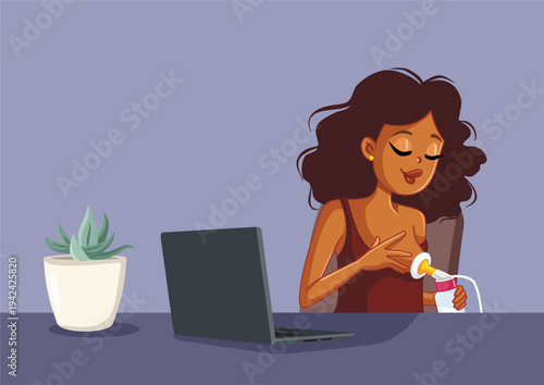 Mom Using Brest Pump at the Office Vector Illustration. New mother working and breastfeeding at the same time using electric pump