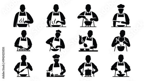 Various chefs cooking and preparing food in different poses and actions in kitchen