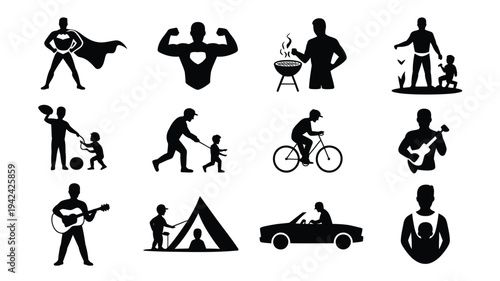 Black silhouettes of people engaging in leisure activities sports and hobbies on white background