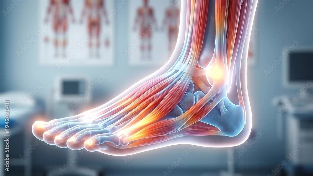 Medical foot anatomy illustration showing muscle tendon ligament bone ...