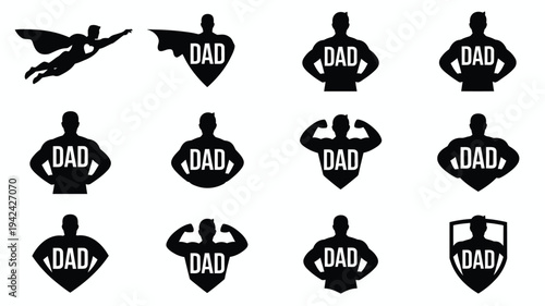 Collection of black silhouettes of superhero dads and dad themed icons on white background