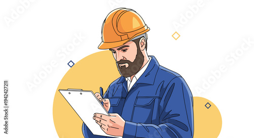 Portrait of a male engineer wearing an orange hard hat and blue jacket while writing on a white clipboard.
