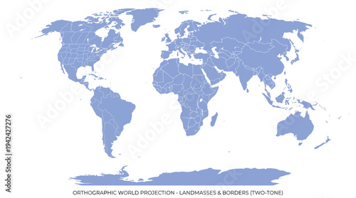 Two-Tone Blue Minimalist World Map with Country Borders and US States, Orthographic Projection Vector Illustration on White Background