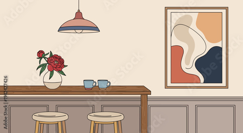 Contemporary dining area featuring a wooden table with stools, a hanging lamp, and abstract art on the wall.