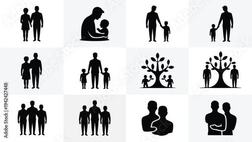 Black silhouettes of diverse family relationships and connections on white background