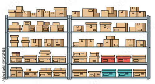Industrial warehouse storage shelves filled with rows of identical brown cardboard boxes in a tidy arrangement.