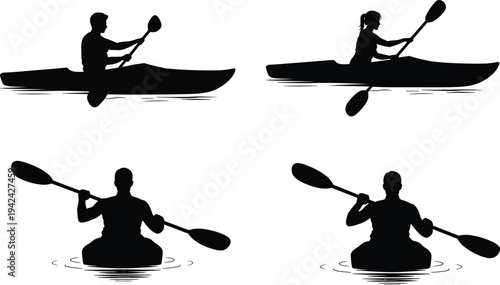 Kayaking silhouettes, male and female paddlers, front and side views, outdoor adventure sport, water activity illustration, recreation
