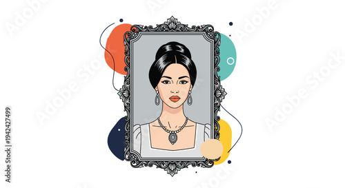 Elegant portrait of a noble woman with dark hair wearing jewelry and a period dress inside a black ornate frame.