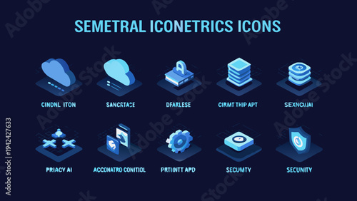 Isometric icons representing security privacy and data concepts in blue