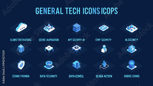 Isometric tech icons collection in blue shades on a dark background