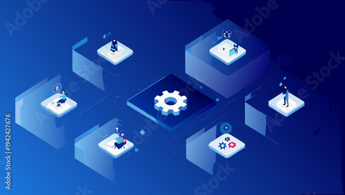Isometric illustration depicting digital transformation and interconnected systems