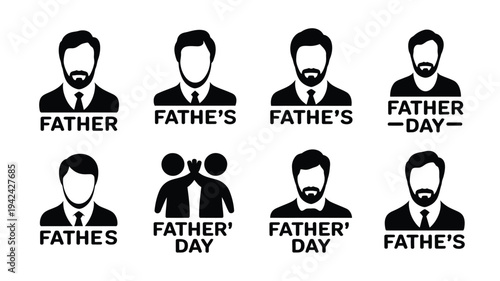 Black icons of fathers and father's day labels on white background various beard styles and text