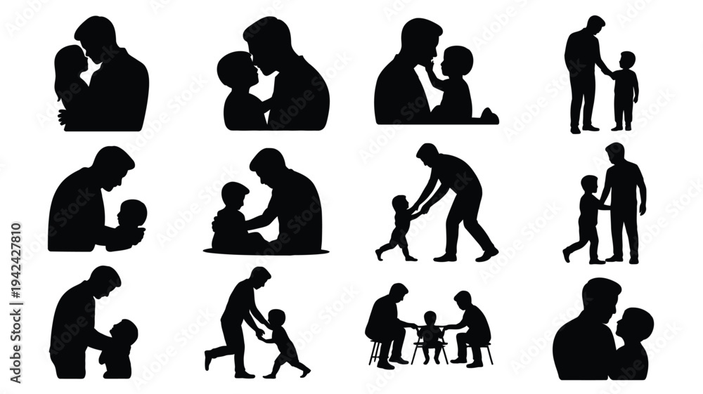 Αυτοκόλλητο Black silhouettes of parents and children family moments love care parenting rel
