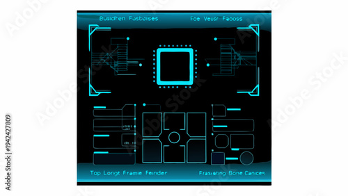 Futuristic interface display with a central screen and technical schematics