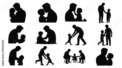 Black silhouettes of parents and children family moments love care parenting relationships affection interaction playtime daily life parenthood family bonding tender support