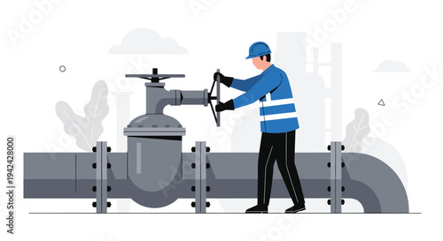 Industrial worker in blue uniform and safety helmet operating a large metal valve on a pipeline in a factory setting.