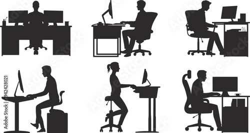 Office workstation silhouettes, people working at desks with computers, ergonomic posture, productivity, workplace lifestyle illustration design concept
