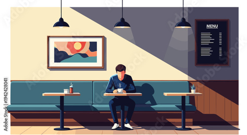Solitary man sitting at a table in a modern cafe enjoying a hot cup of coffee under bright pendant lights with minimalist decor.