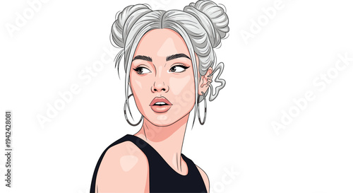 Stylized artistic portrait of a young woman with white hair styled in space buns wearing large hoop earrings and black top.