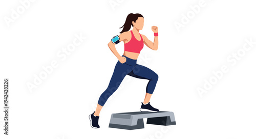 Fitness woman in sportswear performing step aerobics exercises using a workout platform against a clean white background.